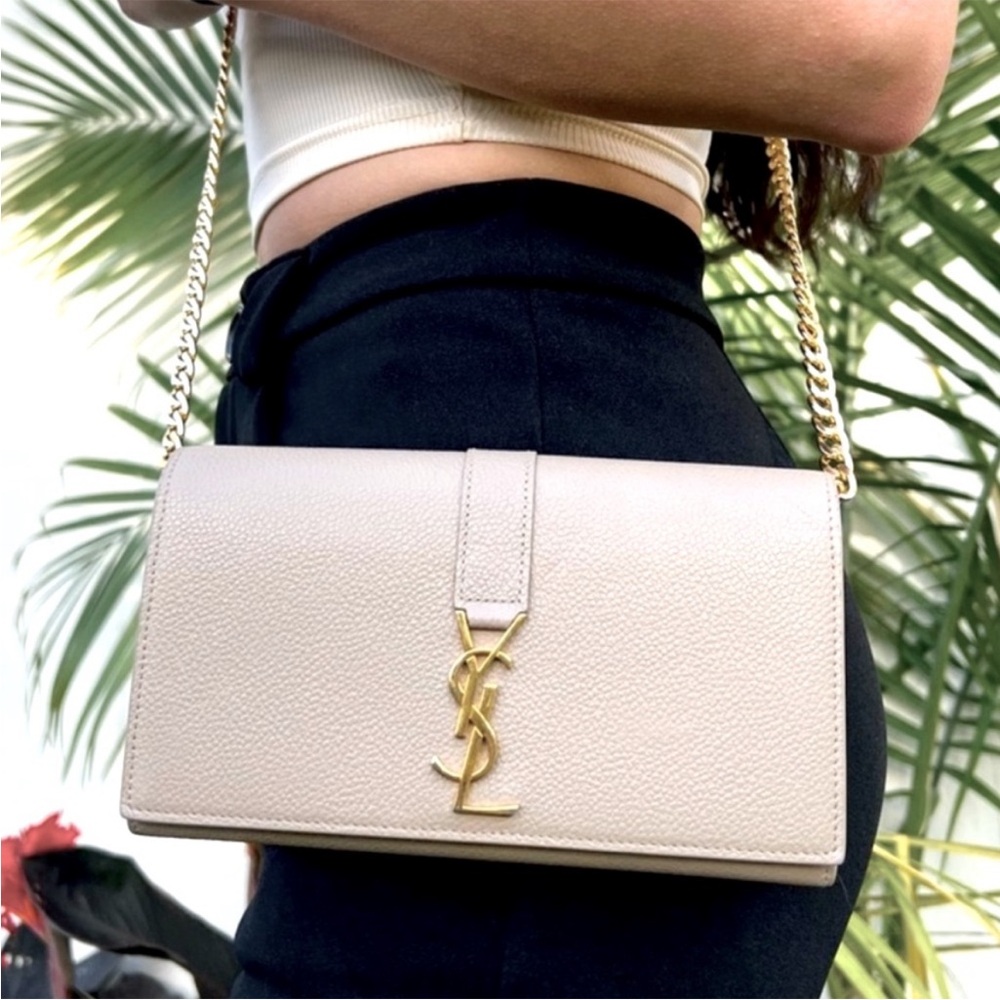 YSL Kate- Yves Saint Laurent White Gold Clutch with Chain